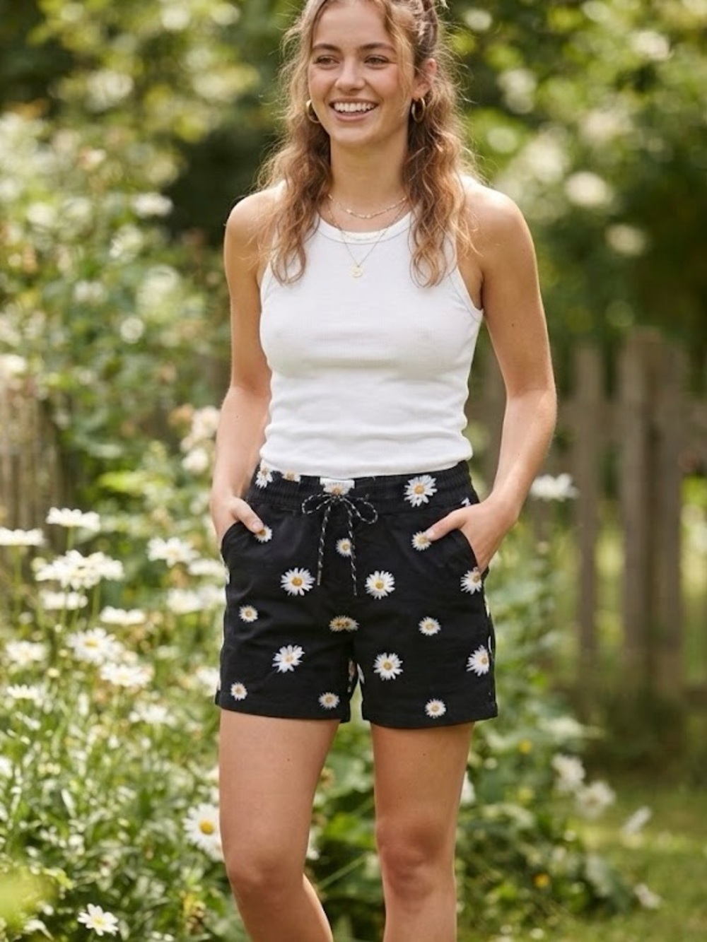 Zipcode Black Daisy Floral Drawstring Shorts Relaxed Cottagecore 100% Cotton
